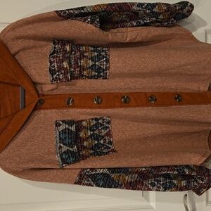 NWOT Rust and Orange Button Down Hooded Boho Shirt with Patchwork Design
